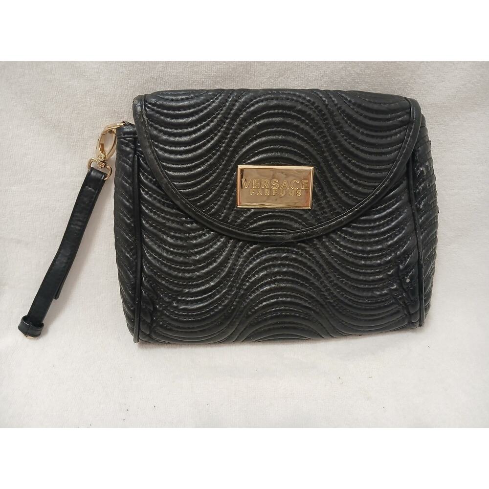 Versace Clutch Wristlet Parfums Bag Small Black Quilted Party Chic Art Deco Vntg